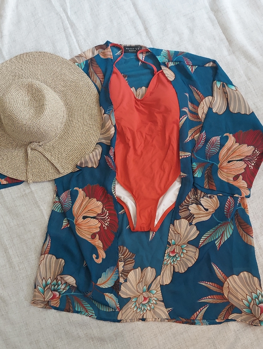 Maverick Floral Beach Kimono Coverup in Teal with Red Swim Accent